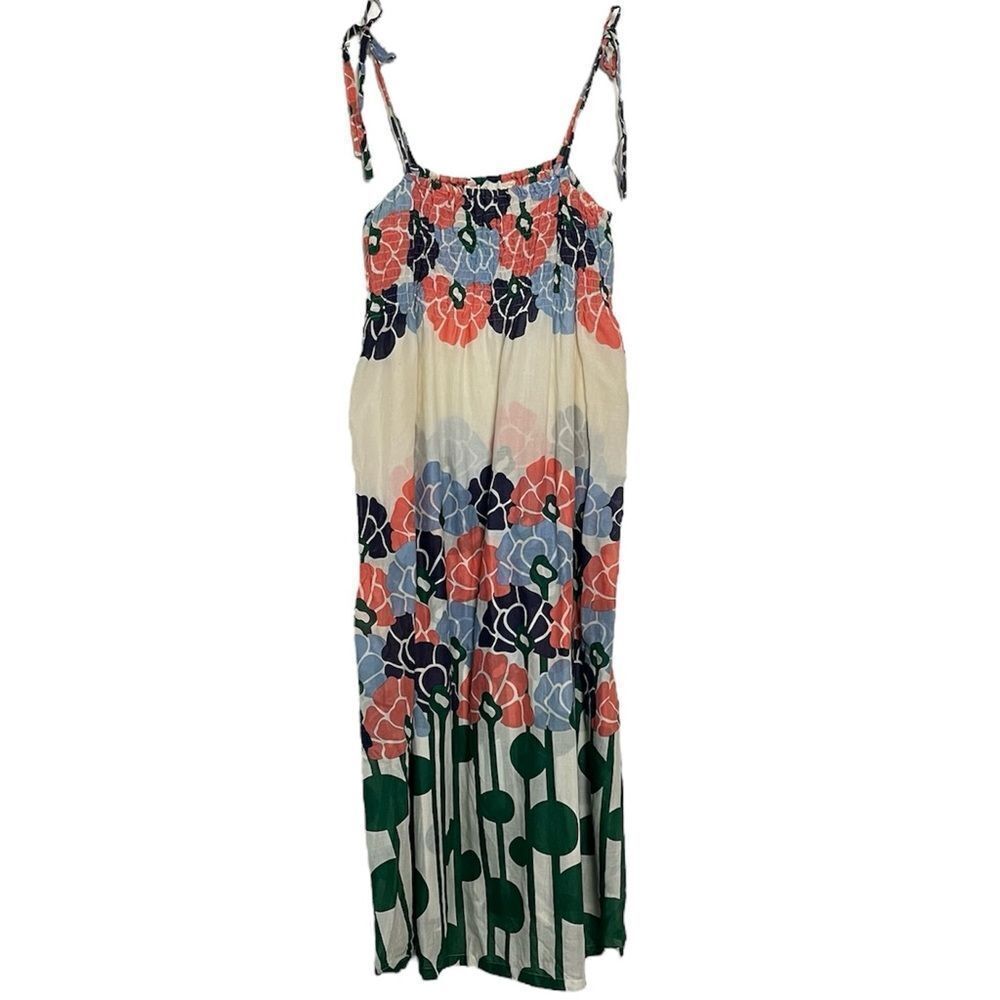 Lilka Smocked Floral Dress Sleeveless Tie Bow Shoulder Sheer Cotton Boho Medium